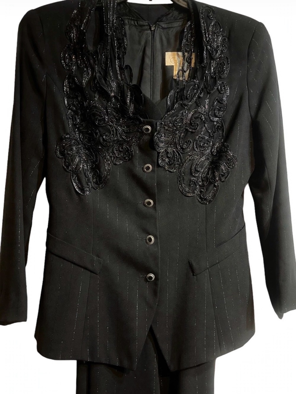 Vintage CACHE Black Brocade Metallic Pinstriped Jumpsuit w/Matching Jacket Sz 12